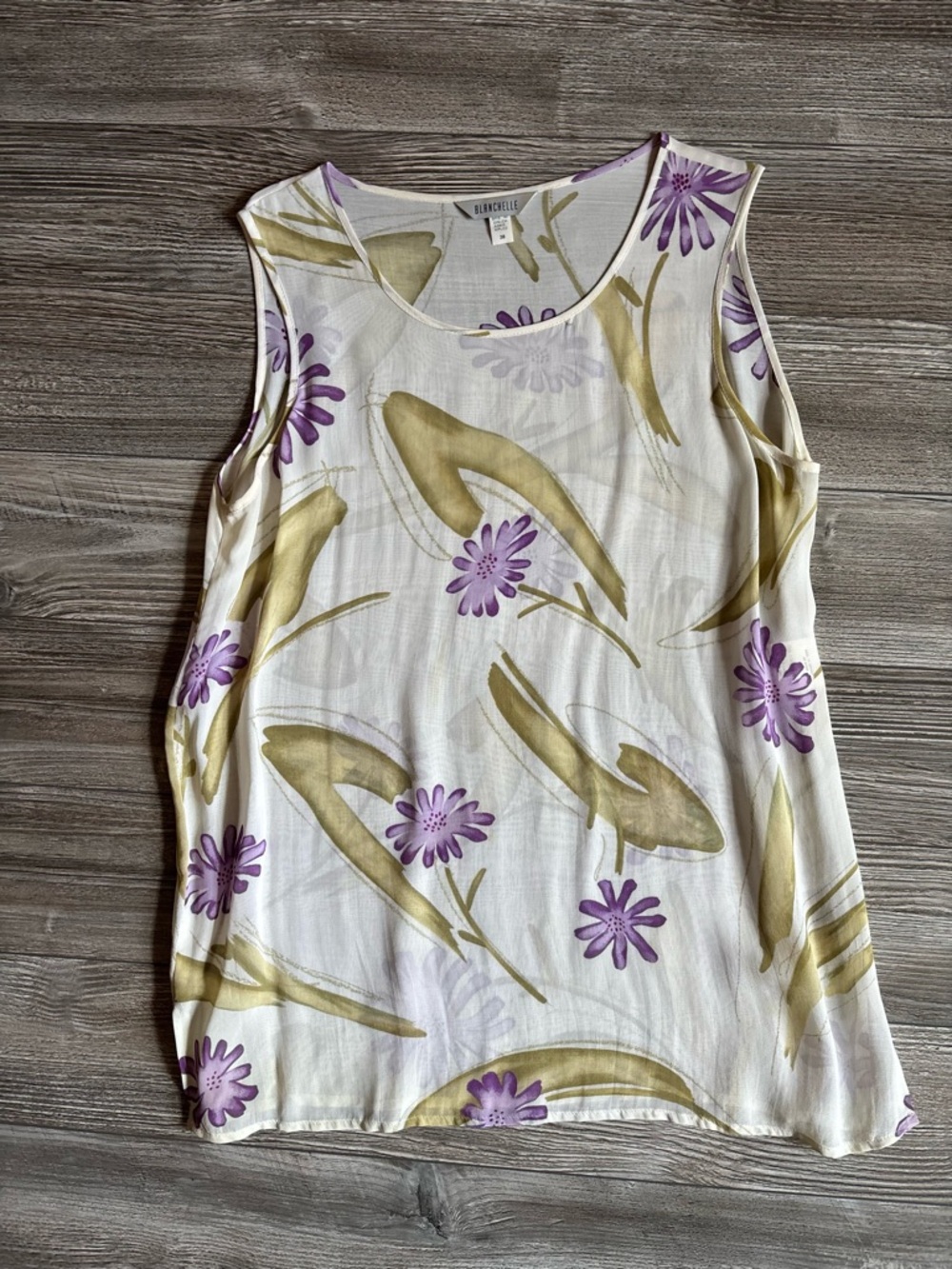 Eileen Fisher White Floral Sleeveless Tank with Purple & Olive Accents